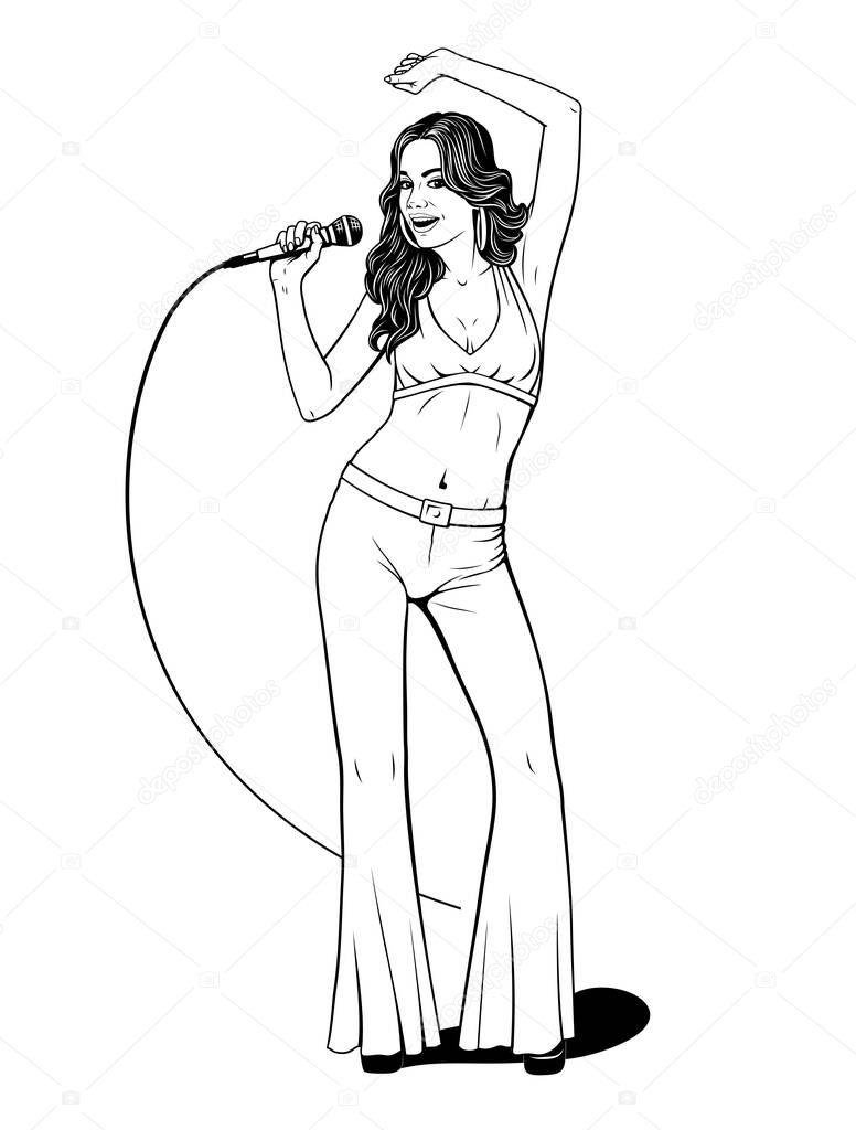 Disco Diva. Pop Singer Woman with Microphone. Vector Ink Style Outline Drawing. Shadow is the separate object.