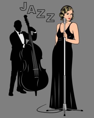 Jazz Singer Girl and Double Bass Player in Retro Stile. Vector illustration.