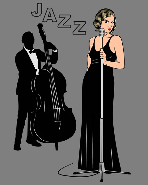 Jazz Singer Girl Double Bass Player Retro Stile Vector Illustration — Image vectorielle