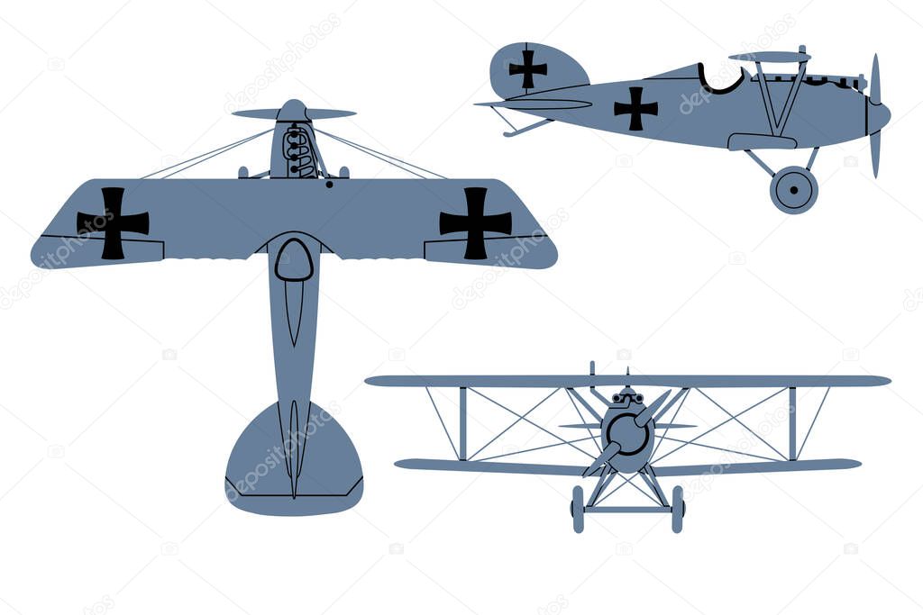 Albatros DV Fighter Plane 1916. Top, Side, Front View. Vintage airplane. Vector clipart isolated on white.