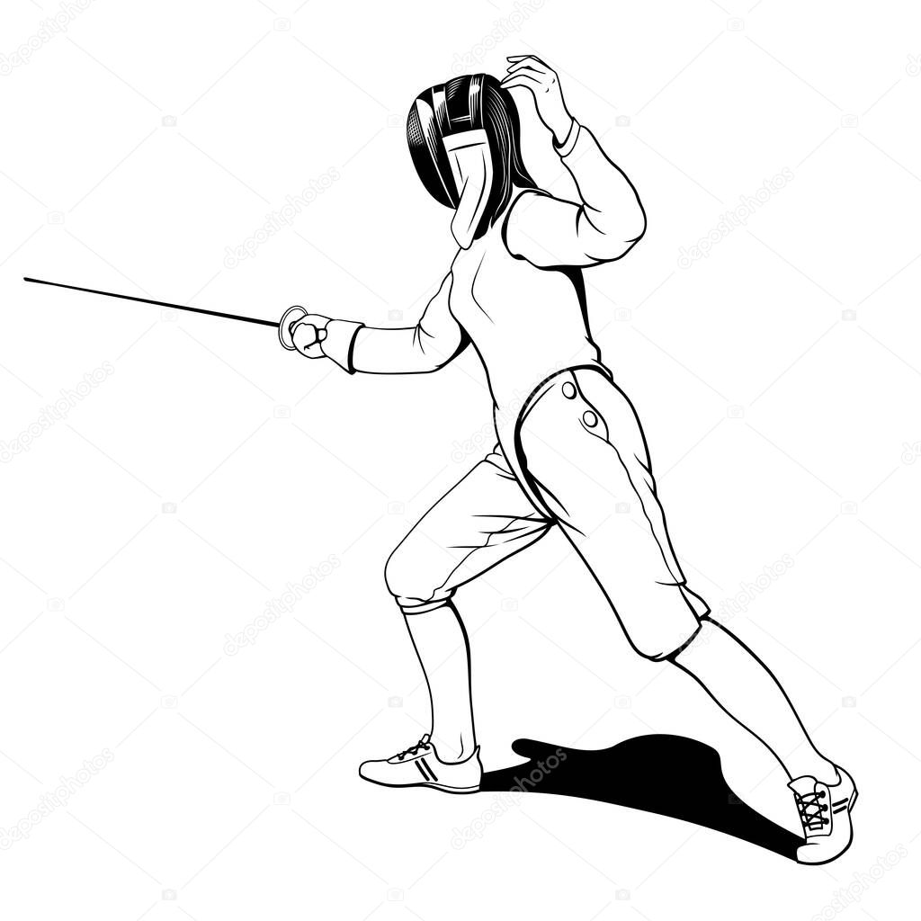 Fencer athlete girl in fencing suite practicing with a foil. Vector Ink Style Drawing. Shadow is the separate object.
