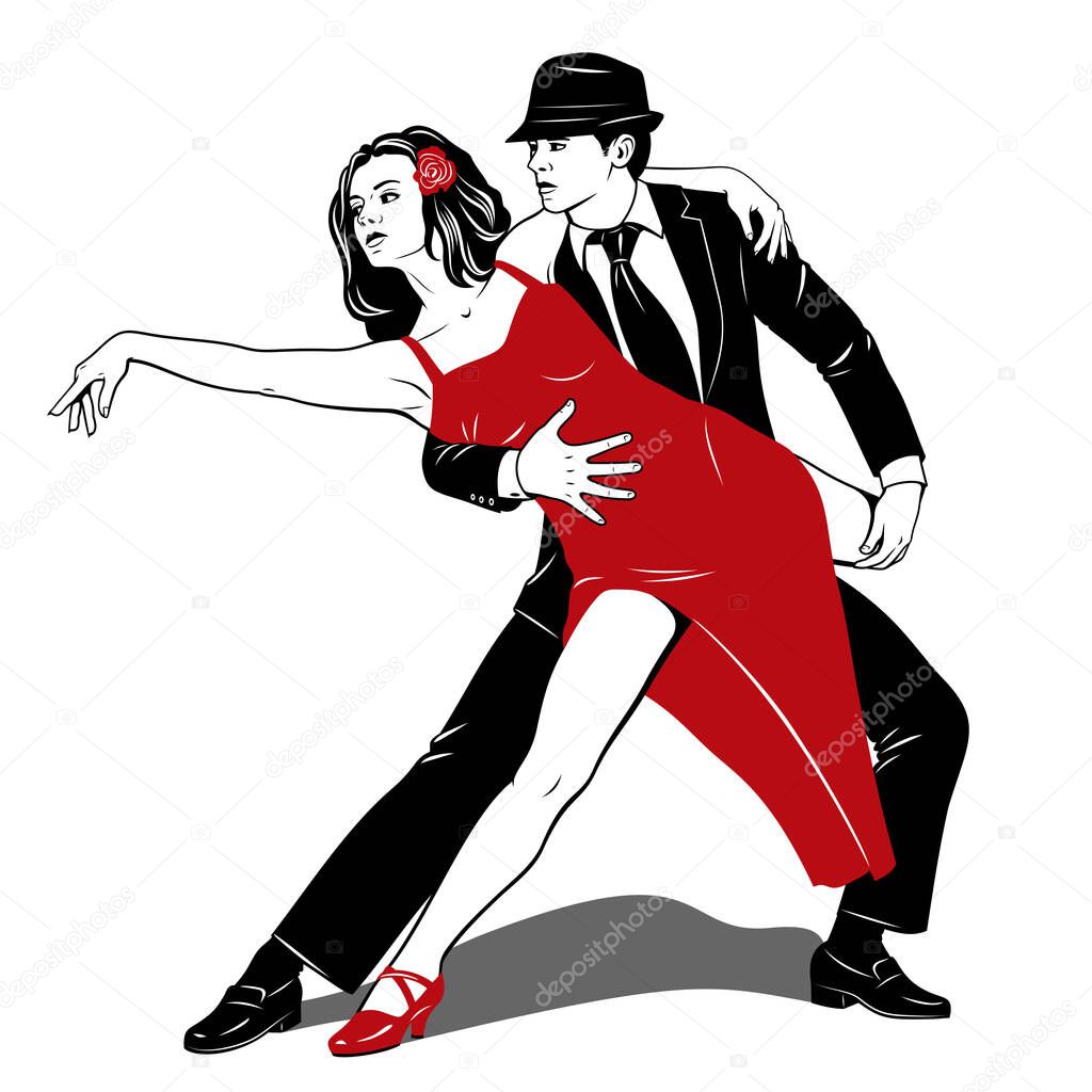 Couple dancing tango. Woman in red dress, Man in black suit. Pin Up, Pop Art style. Vector drawing.
