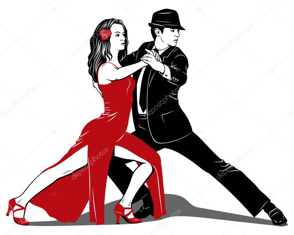 Argentine Tango. Dancing Pair. Woman in red dress, Man in black suit. Pin Up, Pop Art style. Vector drawing.