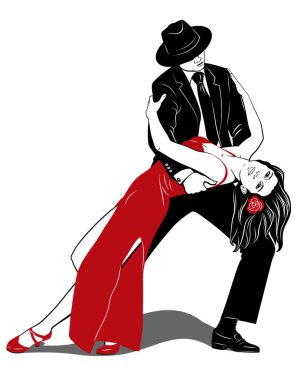 A Pair Dancing Argentine Tango. Woman in red dress, Man in black suit. Pin Up, Pop Art style. Vector drawing.
