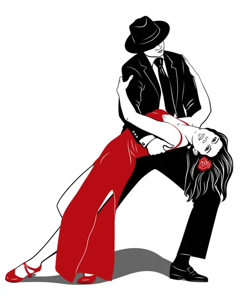 A Pair Dancing Argentine Tango. Woman in red dress, Man in black suit. Pin Up, Pop Art style. Vector drawing.