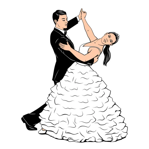 Couple Dancing Waltz. Wedding dance. Pop Art, Ink style. Vector drawing.
