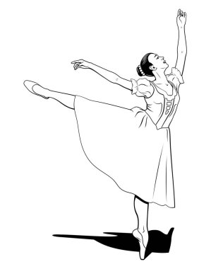 Ballerina in medieval costume. Classic dancer girl. Vector Ink Style Outline Drawing. Coloring page. Shadow is the separate object.
