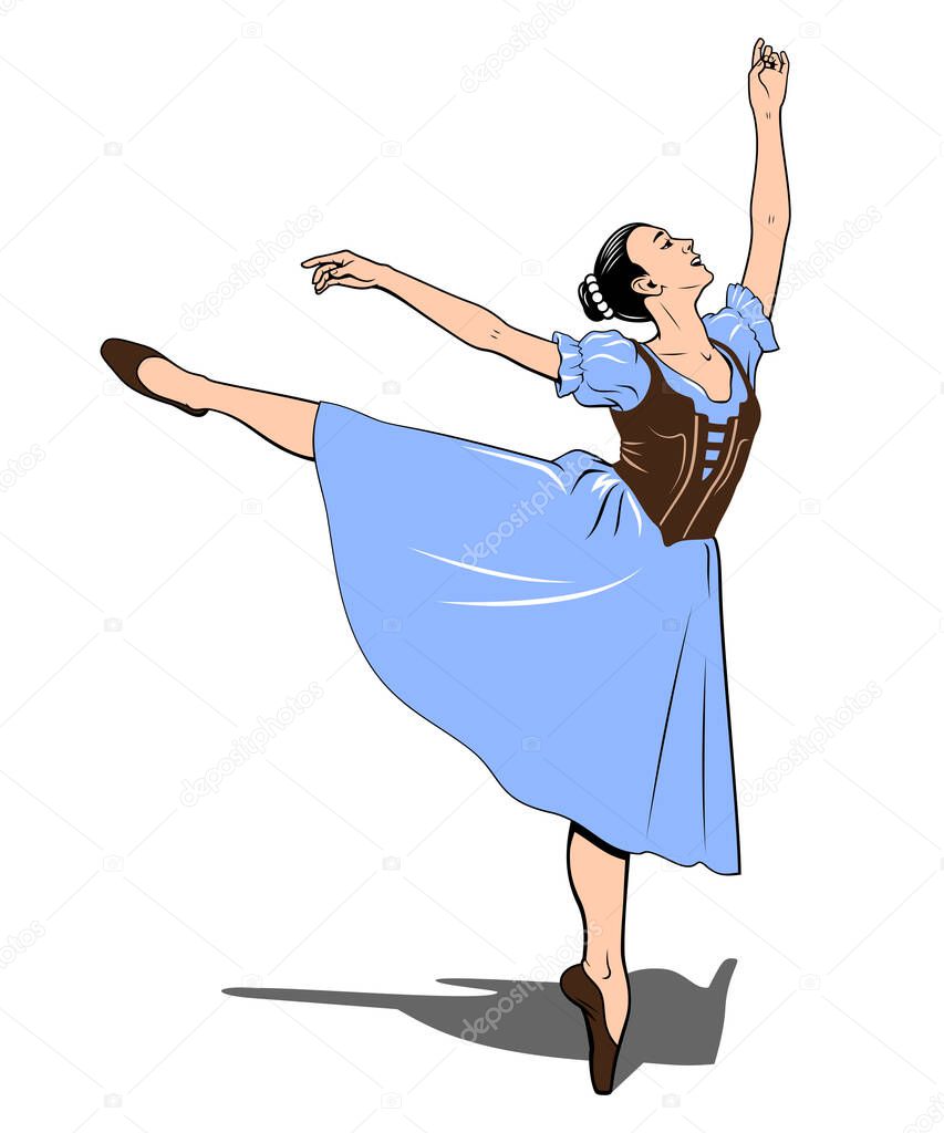 Dancing Ballerina in medieval dress. Ballet dance girl. Pin Up, Pop Art style. Vector drawing.