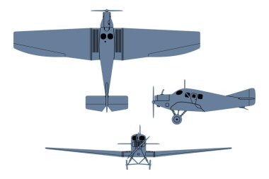 F 13 First Airplane 1919. Top, Side, Front View. Antika uçak. Vektör ortamı beyazda izole edildi.