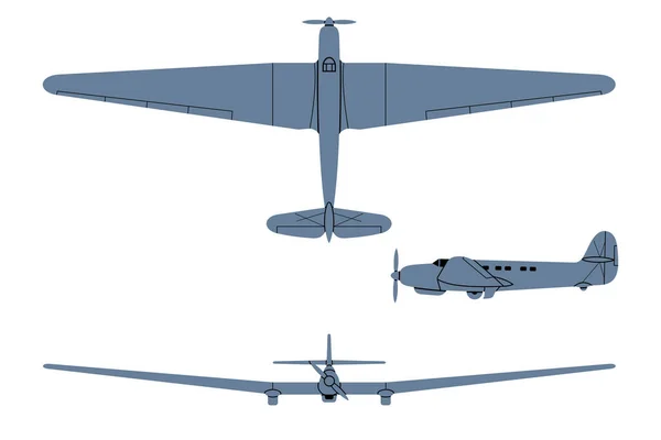 Ant-25 Kayıt uçağı 1933. Top, Side, Front View. Antika uçak. Vektör ortamı beyazda izole edildi.