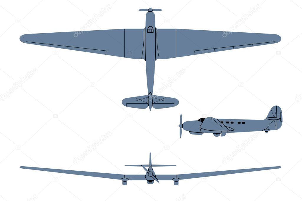 ANT-25 Record plane 1933. Top, Side, Front View. Vintage airplane. Vector clipart isolated on white.