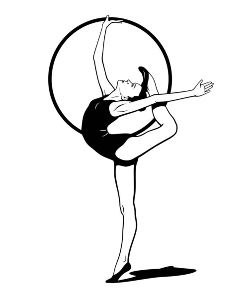 Rhythmic Gymnastics Girl Hoop Vector Ink Style Outline Drawing Shadow — 图库矢量图片