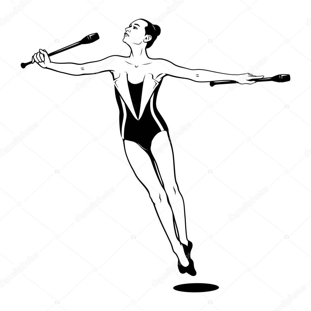 Rhythmic Gymnastics. Girl with clubs. Vector Ink Style Outline Drawing. Shadow is the separate object.