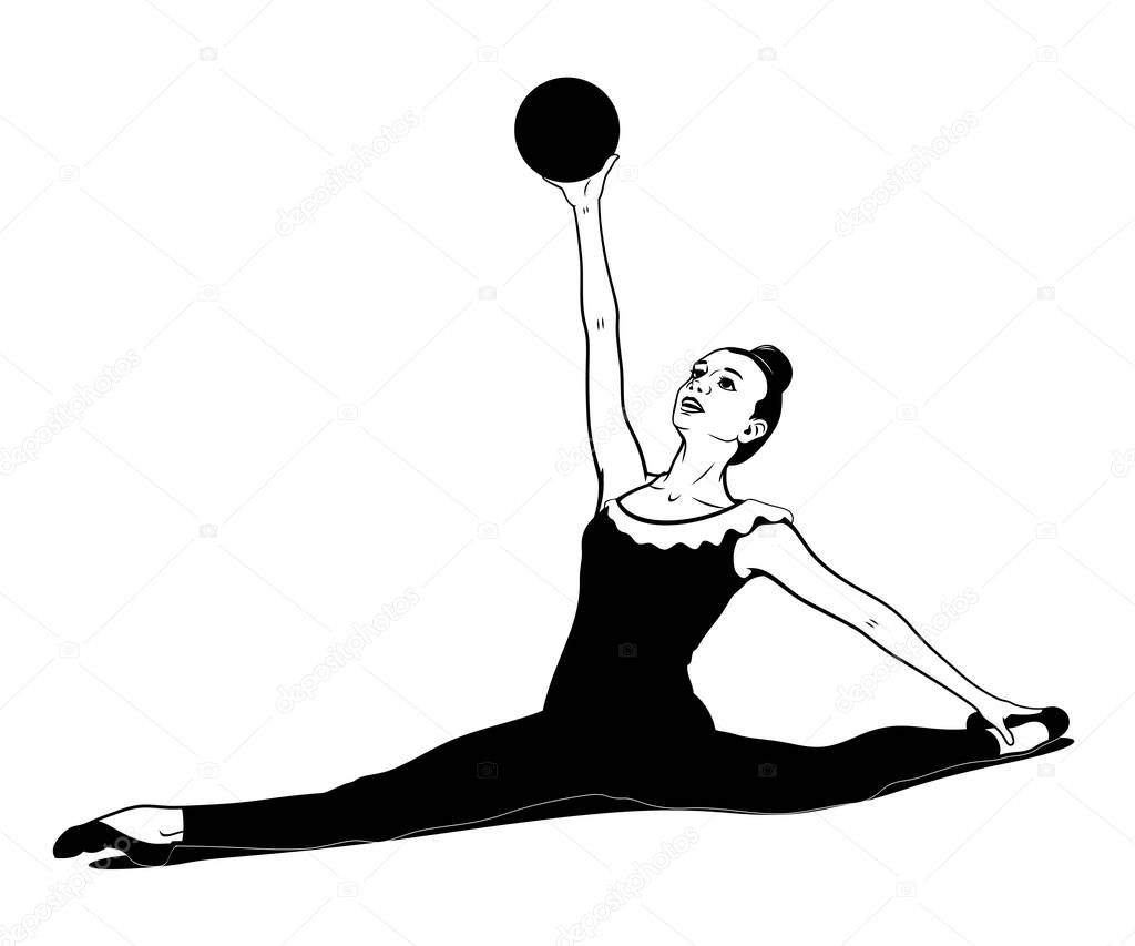 Rhythmic Gymnastics. Girl with ball. Vector Ink Style Outline Drawing. Shadow and ball are separate objects.