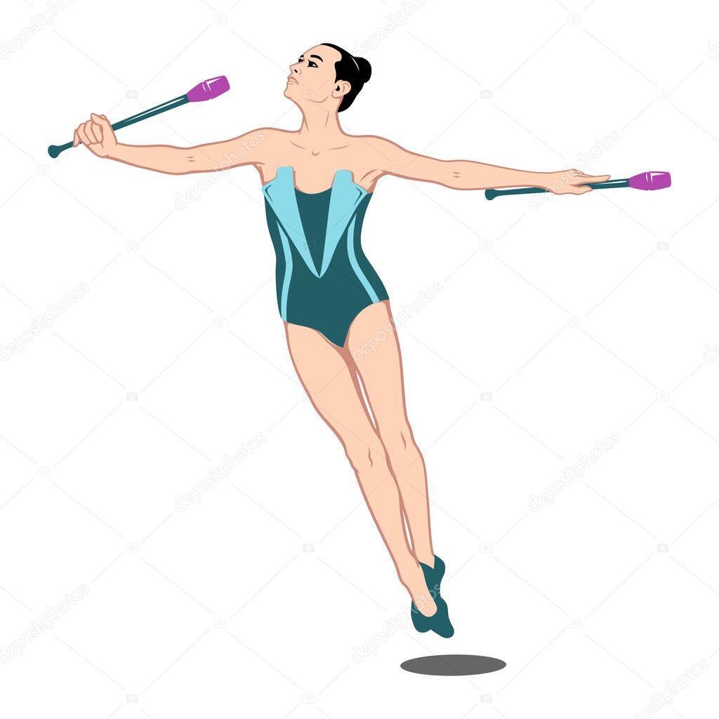 Gymnast with clubs. Rhythmic Gymnastics. Pop Art style. Vector drawing. Clubs are separate objects.