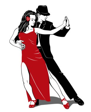 Arjantin tangosu. Çift Dansı. Kırmızı elbiseli kadın, siyah elbiseli adam. Pop Art tarzı. Vektör çizimi.