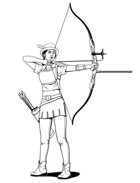 Sports Archery Young Archer Girl Aiming Target Vector Ink Style — Stock Vector