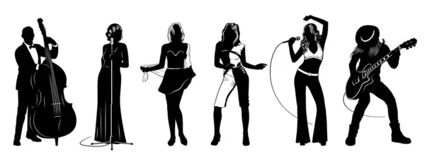 Collectie Van Vrouwen Silhouetten Geïsoleerd Wit Dansen Zingen Gitaar Spelen — Stockvector