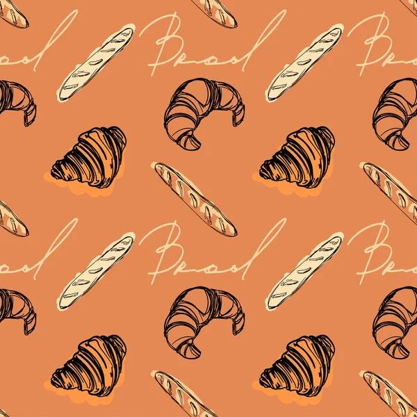 El yapımı kruvasanlar, kahverengi arka planda baget unsurları vektör deseni. Zarif Fransız ekmeği ve fırın elementleri. Kruvasan çöreği. Kahvaltı kahve zamanı. El çizimi harfler.