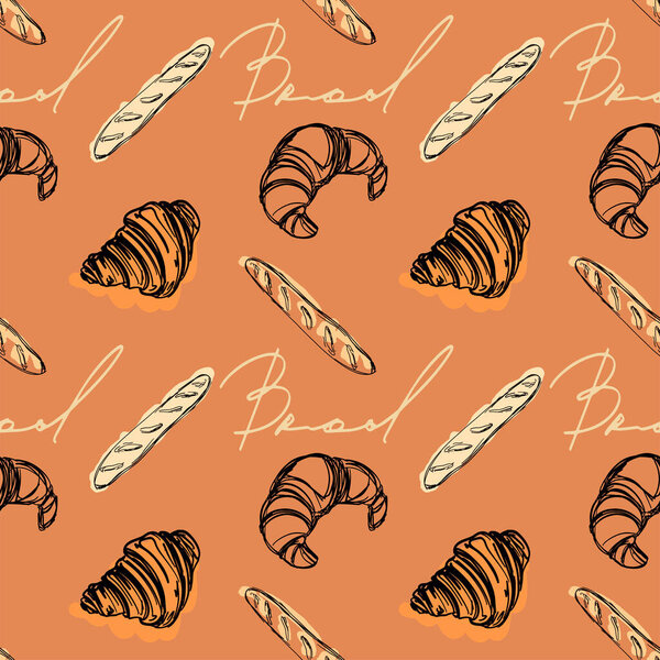 Круассаны ручной работы, векторные элементы багета на коричневом фоне. Элегантный французский хлеб и булочные элементы. Круассан. Пора завтракать кофе. Ручной рисунок.
