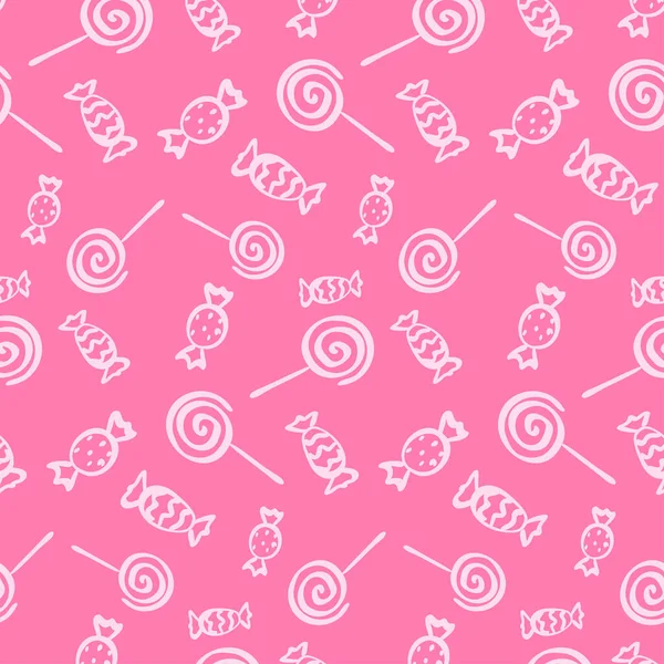 Pembe arka planda basit pembe şeker vektör deseni. Bonbonlar. Spiral tatlı ikramları. Karamel. 