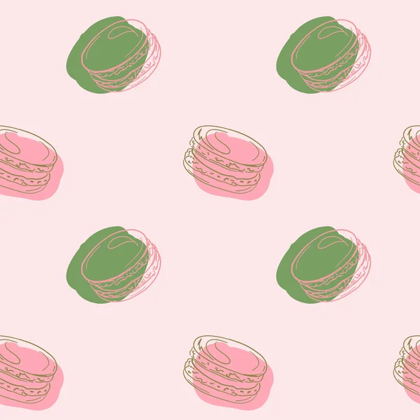 Fransız badem kurabiyeleri pembe arka planda basit vektör deseni. Soyut yeşil bir makaron pembeleştir. Fransız tatlısı. Lezzetli bir tatlı. Fransız kafesi. Çizgili elementler. El çizimi tarzı. Duvar Kağıdı.