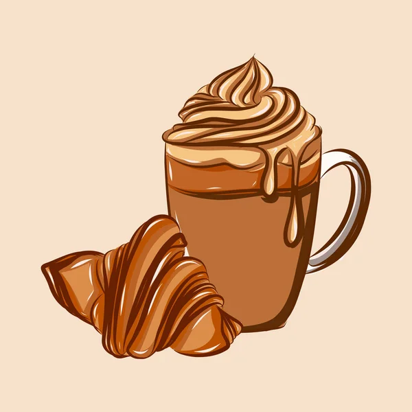 Bej arka planda kahve ve kruvasan vektör çizimi. Geleneksel Fransız kahvaltı çifti. Kremalı karamelli kapuçino ve gevrek Fransız kruvasanı..