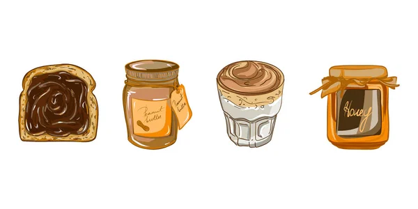 Dört elementten oluşan kahvaltı vektör kümesi. Fındık ezmeli tost, fıstık ezmesi kavanozu, bardakta kahve, bal kavanozu. Çizgi film tarzı parlak bir illüstrasyon. Güzel bir sabah yemeği. Beyaz arkaplan.