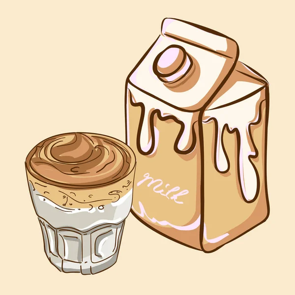 Ilustración Vectores Latte Leche Estilo Dibujos Animados Café Caja Leche — Vector de stock