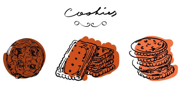 Beyaz arkaplanda çerez vektör çizimi seti. Kahverengi gölge. Üç el çizilmiş kurabiye. Çikolatalı kurabiye, kraker, graham sindirim bisküvileri. Şık tasarım çizimi. Pastane menüsü.