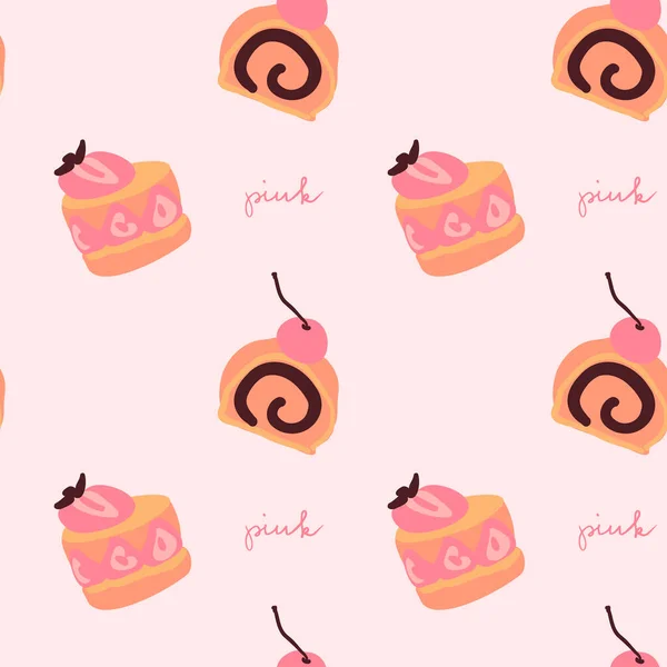 Basit çizgi film tarzı kek vektör deseni. Pastel pembe renkli basit pasta duvar kağıdı. Çilekli kek, vişneli kek. Lezzetli tatlı tatlılar. El çizimi bir kelime. Pembe arkaplan.