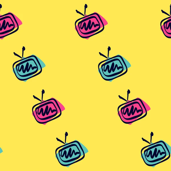 TV vektör deseni. Çizgi film tarzı televizyon. Televizyon. Mavi, pembe ekran. Klasik funky tasarımı. Basit bir çizgi film çizimi. Eski moda. Sarı arkaplan.
