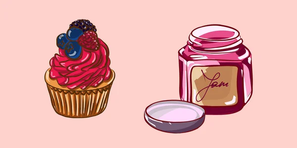 분홍색 배경에는 케이크와 항아리 벡터가 있습니다 바닐라 케이크 딸기를 라즈베리 — 스톡 벡터