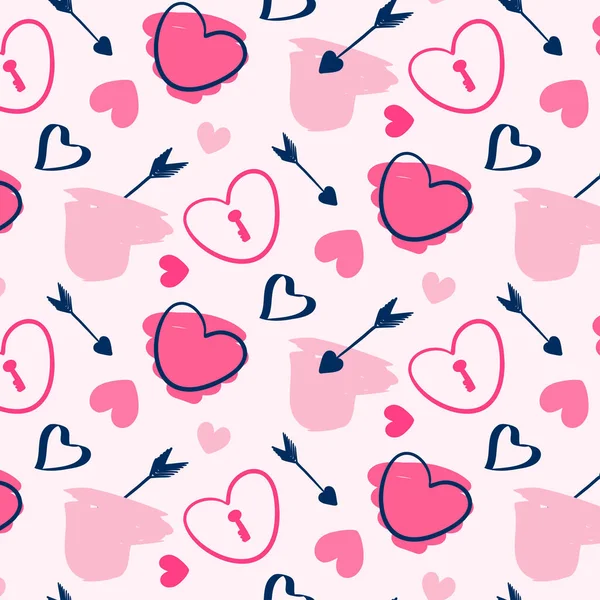 Simple hearts vector pattern on the pink background. Pink different shaped hearts, blue arrow, locked heart wallpaper. Romantic Valentines day pattern. Love romantic design.