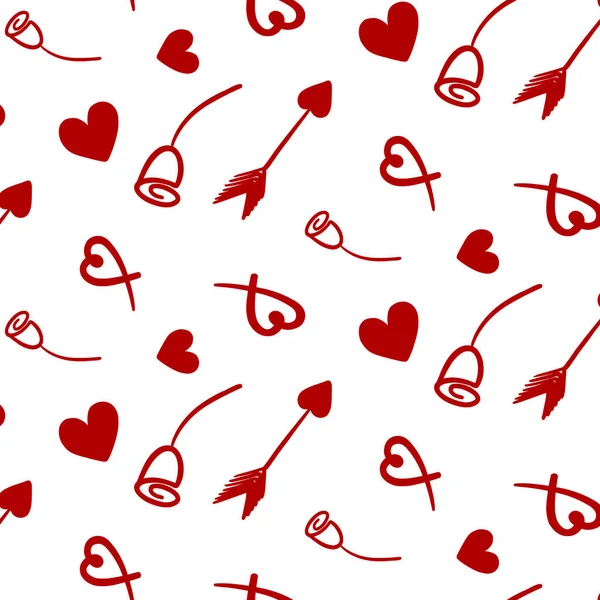 Simple Hearts Roses Arrows Vector Pattern White Background Red Hearts — Διανυσματικό Αρχείο