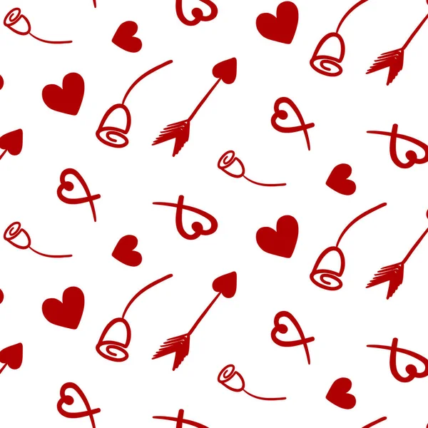 Simple hearts, roses and arrows vector pattern on the white background. Red hearts, arrow, roses wallpaper. Romantic Valentines day pattern. Love romantic design.