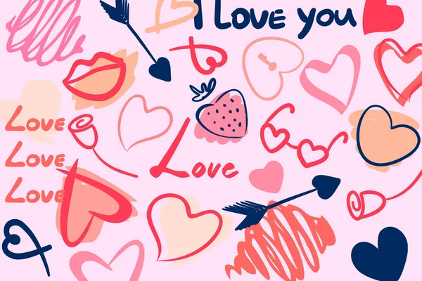 Love day heart, strawberry, arrow, lettering, glasses elements on the pink background. Different shaped heart set. St. Valentine's Day celebration. Pink, blue elements for stickers, cards.