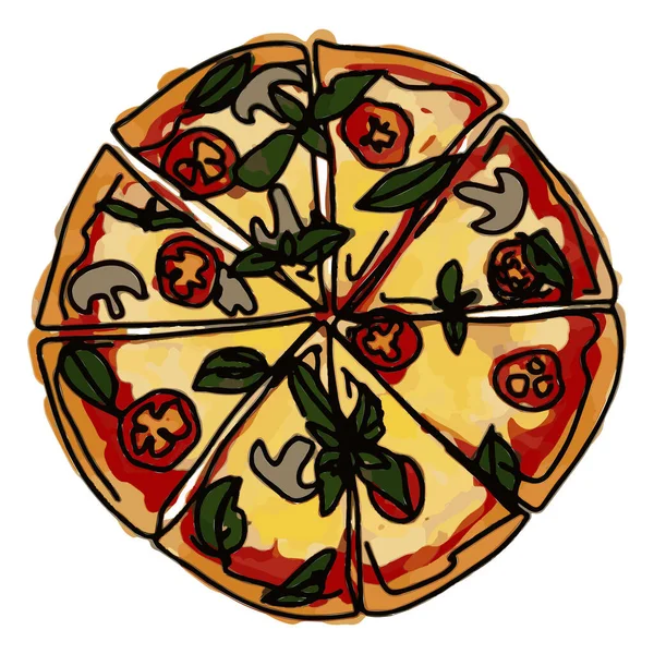 Delicious pizza with tomato, cheese, mushrooms and basil vector illustration. Traditional italian fast food. Top view meal. Watercolor style. Isolated white background.