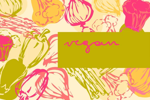 Sebze soyut vektör çizimi. Pembe, yeşil, sarı sebzeler. Yiyecek elementleri dağıt. Patlıcan, kuşkonmaz, soğan, brokoli. Vegan rastarAunt menü şablonu. Sağlıklı yemek.. 