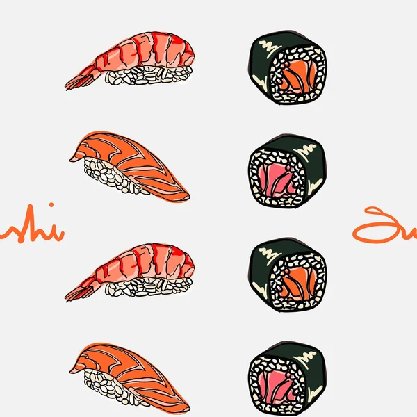 Beyaz arka planda basit suşi vektör deseni. Japon deniz ürünleri mutfağı. Somon pilavı ve karides tablosu. Suşi bar menüsü. Beyaz, turuncu ve kırmızı. Doğulu yemek duvar kâğıdı. Kaligrafi.