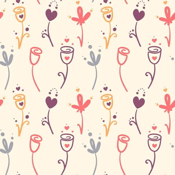 Çizgi film tarzında yaratıcı dekoratif çiçekleri olan basit soyut vektör dikişsiz arka plan. Aşk, kalp motivasyonu. Pastel mor, sarı, pembe renkler. Baskı, tekstil, kartlar, kıyafetler için tasarım.