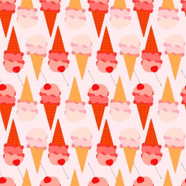 Basit düz stil dondurma vektörü kusursuz desen. Dondurma külahları. Çilekli ve kirazlı tatlı yaz tatlısı. Cafe Tatlısı. Çizgi film tarzı. Parlak pembe renkler. Yaz ambalaj kağıdı.