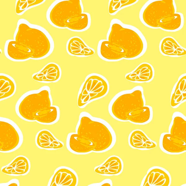 Sarı arka planda turuncu basit limon vektör deseni. Çizgi film tarzı komik sulu yaz duvar kâğıdı. Yaz havası. Parlak dilimlenmiş narenciye. Taze meyve ambalajı..