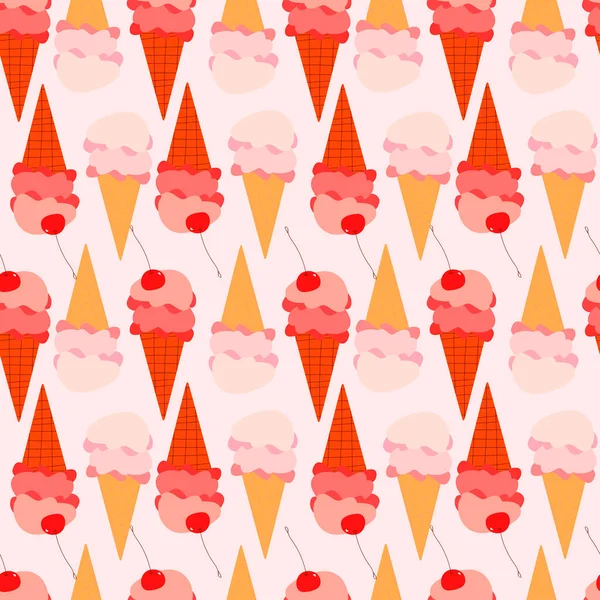 Basit düz stil dondurma vektörü kusursuz desen. Dondurma külahları. Çilekli ve kirazlı tatlı yaz tatlısı. Cafe Tatlısı. Çizgi film tarzı. Parlak pembe renkler. Yaz ambalaj kağıdı.