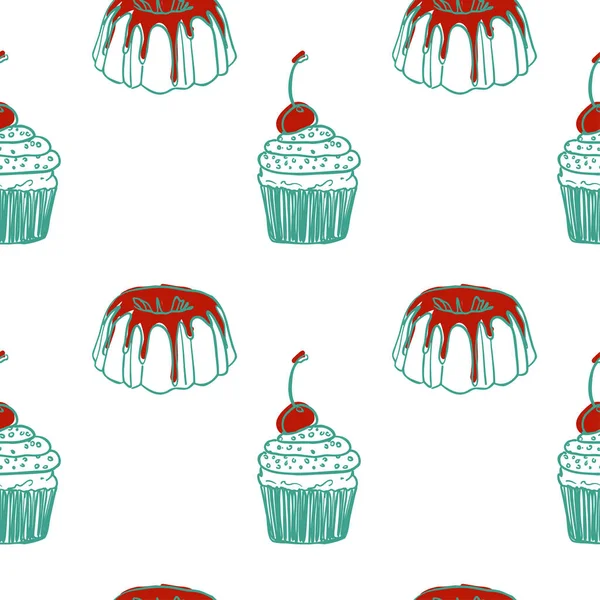 Simpel Cake Cupcake Patroon Vector Naadloos Behang Witte Achtergrond Vintage — Stockvector