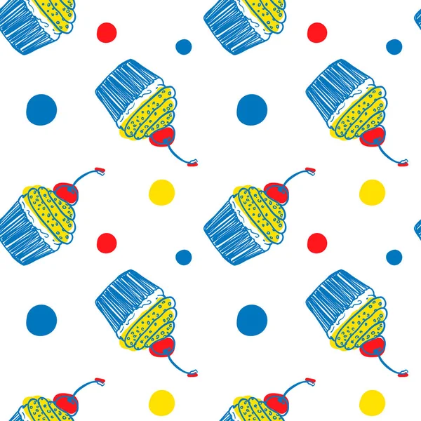 Basit kekin pürüzsüz şekli. Beyaz arkaplanda vektör duvar kağıdı var. Eski usul. Mavi kırmızı ve sarı vişneli kek üstte ve noktalar. Şekerleme ve krema. Kafe menü tasarımı. 