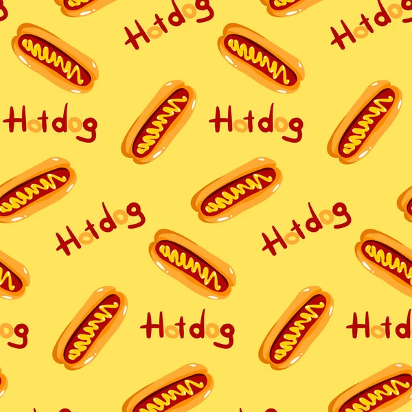 Hot Dog Vector Naadloos Patroon Met Mosterd Platte Cartoon Stijl — Stockvector