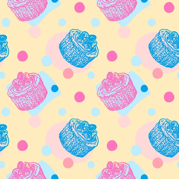 Basit, pürüzsüz bir desen. Sarı arka planda vektör duvar kağıdı var. Parlak bir kafe tarzı. Mavi ve pembe pasta. Soyut sıçramalar ve noktalar. Pastel, şeker renkleri. Kafe menü tasarımı. 