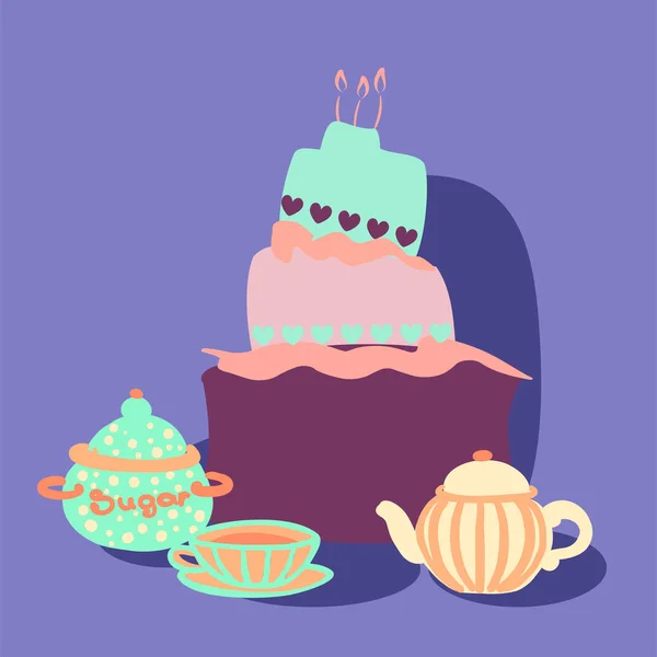 Bright Flat Style Birthday Cake Vector Illustration Purple Blue Peach — Stock Vector