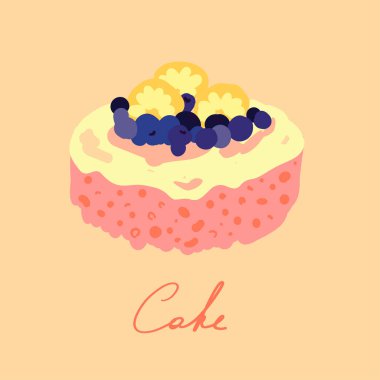 Basit pembe pasta. Şeftali rengi arkaplanda vektör çizimi. Düz çizgi film tarzı. Pembe yaban mersini, turuncu sünger kek. Kafe, fırın menüsü tasarımı. Lezzetli tatlı.